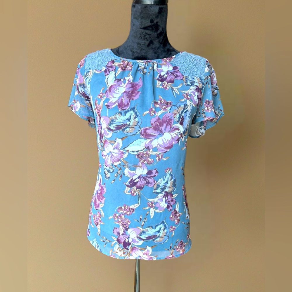 Pretty Blue and Purple Floral Blouse with Lace Detail on Shoulders by Apt 9.